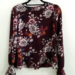 Bcx women blouse size small ,pat D print flowers burgundy long sleeve